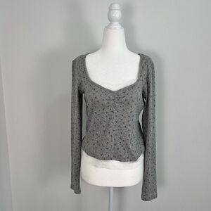 Just Polly New York Floral Ribbed Gray Top Long Sleeve Women's Shirt Sz. L NWT